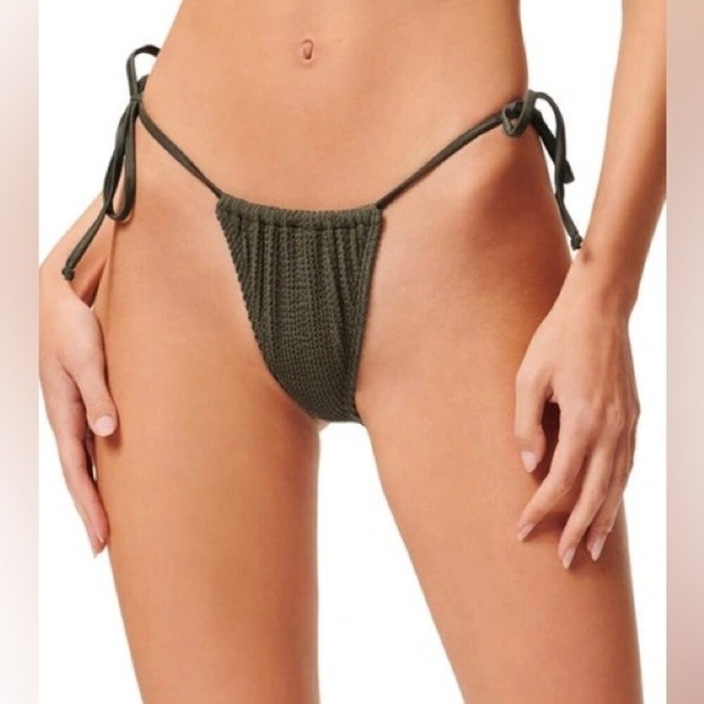 GOOD AMERICAN Crinkle Always Fits Tiny Ties Bikini Bottom XS Stormy Olive Green